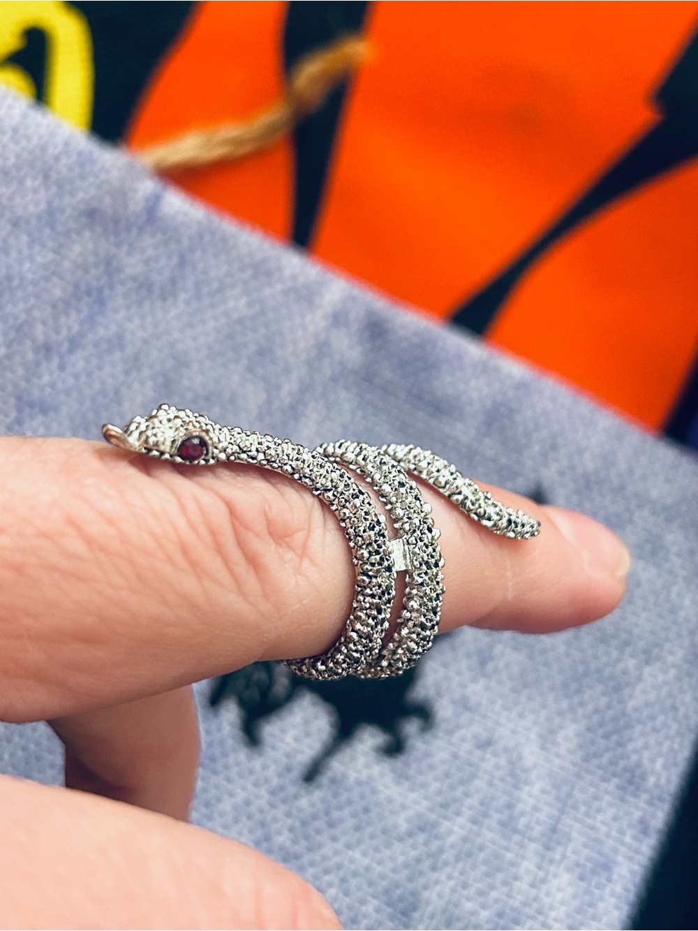 Silver Snake Wrap Ring red eyes Sz 6